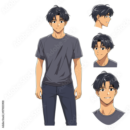 Cartoon character in white T-shirt and dark blue jeans.