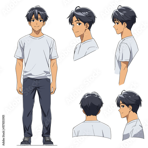 Cartoon character in white T-shirt and dark blue jeans.