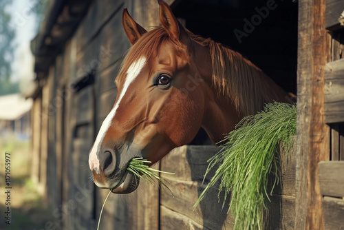 A brown horse with white stripes on its head and neck peers out of the wooden stall, chewing grass in its mouth photo