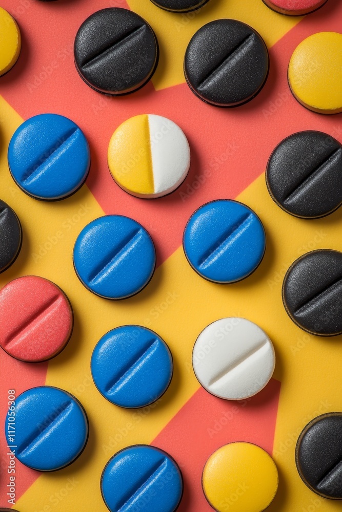 Fototapeta premium Colorful Pills Healthcare Abstract, Tablets on Bright Background in Geometric Arrangement