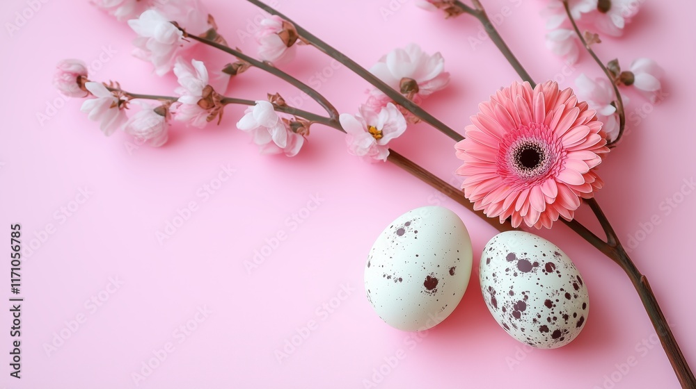 Fototapeta premium Decorative eggs and flowers arranged on a pastel pink background for spring celebration