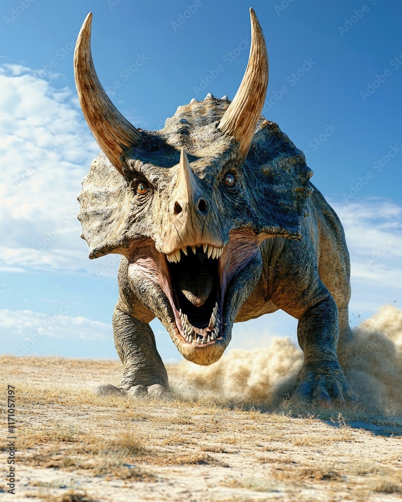 Fototapeta premium A large, roaring dinosaur resembling a Triceratops in a desert landscape.
