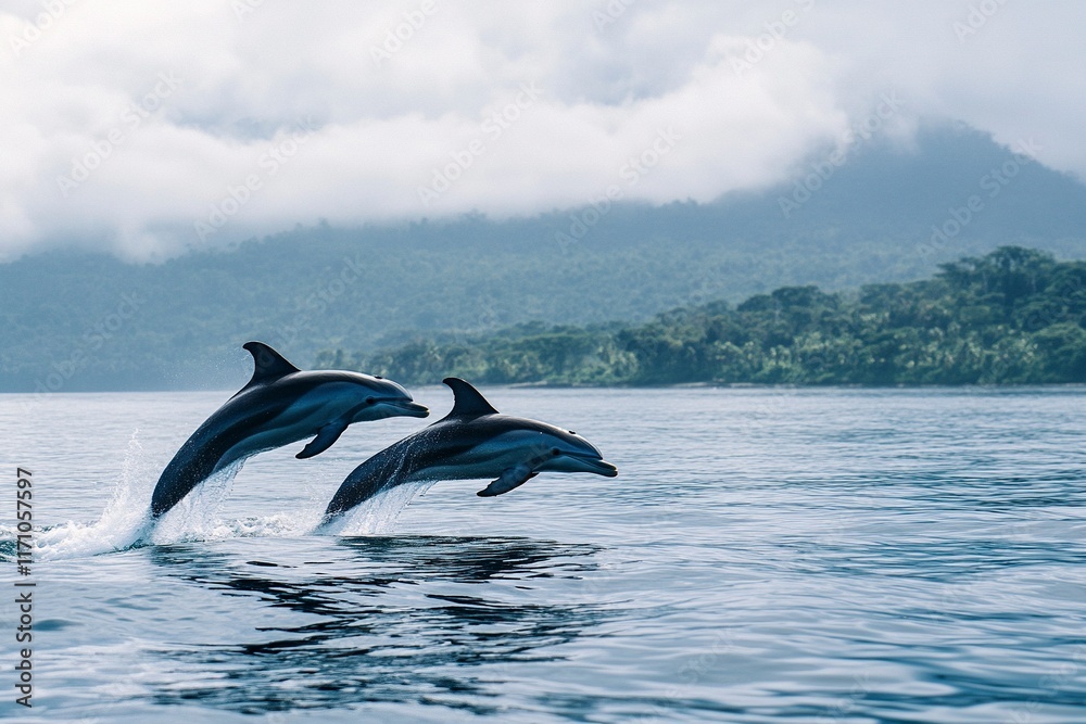 Fototapeta premium happy dolphins jumping out of the water whit generative ai