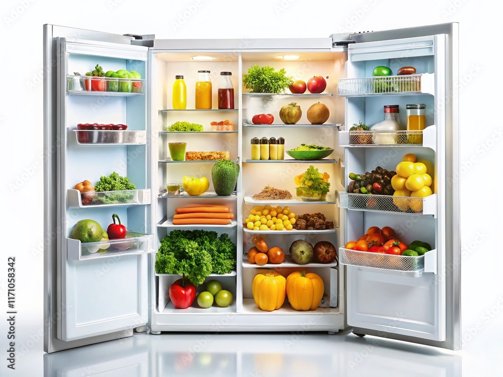 Open Refrigerator with Cutout Food Items, Isolated on White Background - Stock Photo Open Refrigerator with Cutout Food Items, Isolated on White Background - Stock Photo