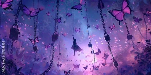 A surreal composition featuring a person suspended mid-air, surrounded by cascading locks and chains transforming into vibrant butterflies. The background is a blend of deep indigos and twilight photo