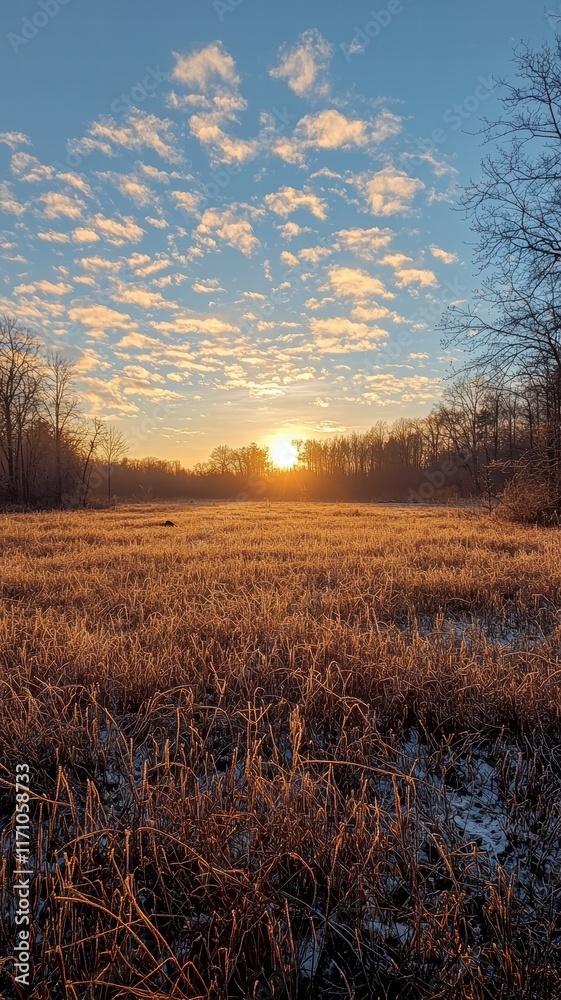 Fototapeta premium Golden sunrise over frosty meadow grass. Low horizon framed by bare winter trees and scattered clouds. Calm optimism and fresh beginnings. Background for wellness branding or seasonal marketing.