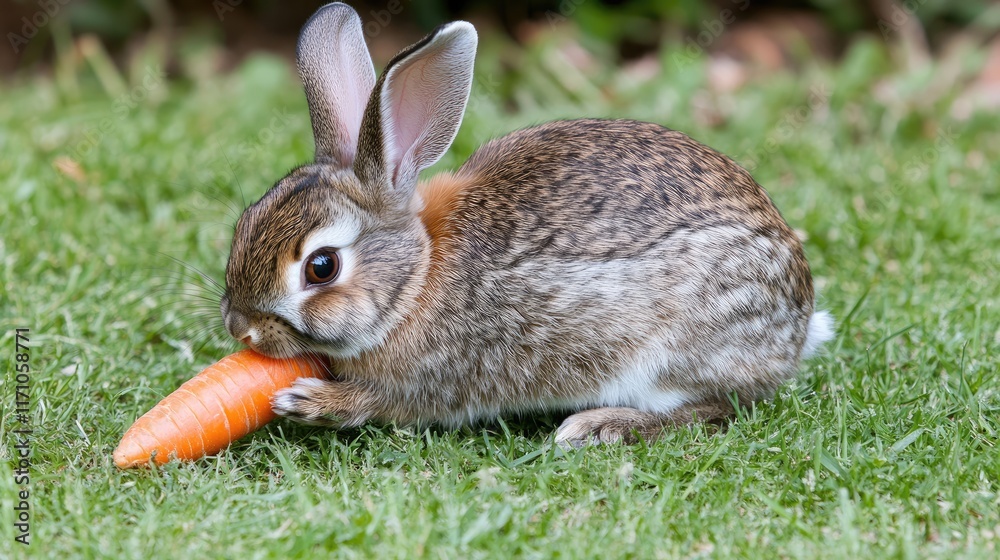 Fototapeta premium A rabbit munching on a carrot while sitting on green grass.