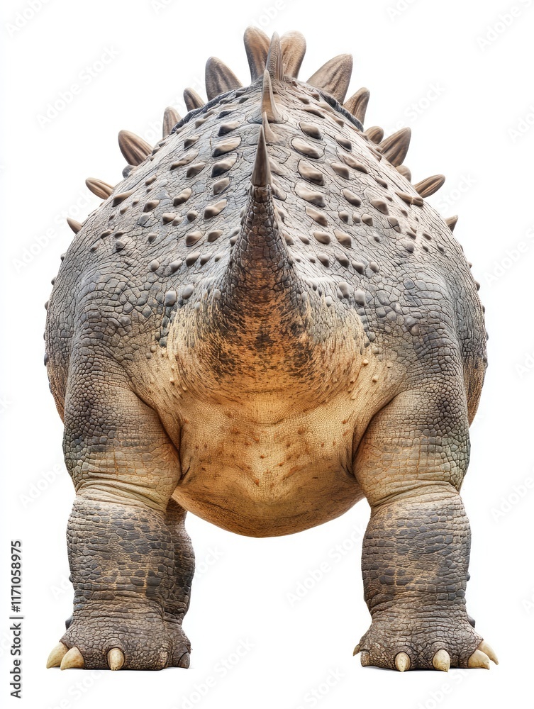 Fototapeta premium A rear view of a dinosaur-like creature with spiked back and sturdy legs.