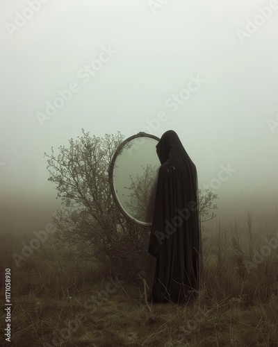 Grim Reaper emerging from a foggy mirror, symbolizing the inevitability of mortality and the transition between life and death. The reflective surface adds a sense of introspection. Colors: Mirror 