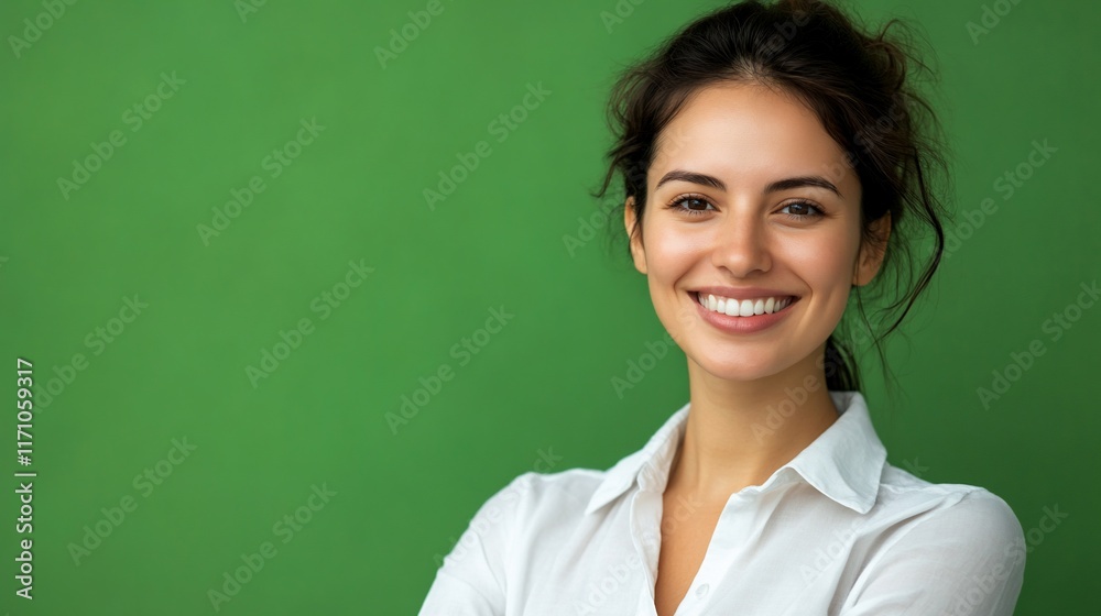 Fototapeta premium Happy woman with a bright smile against a solid green background.