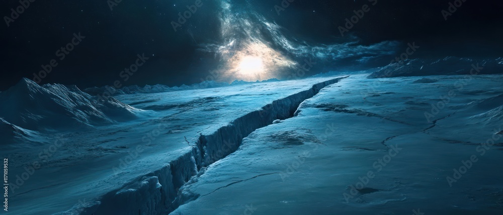 Naklejka premium Vast, icy landscape with a deep fissure, celestial sunrise.