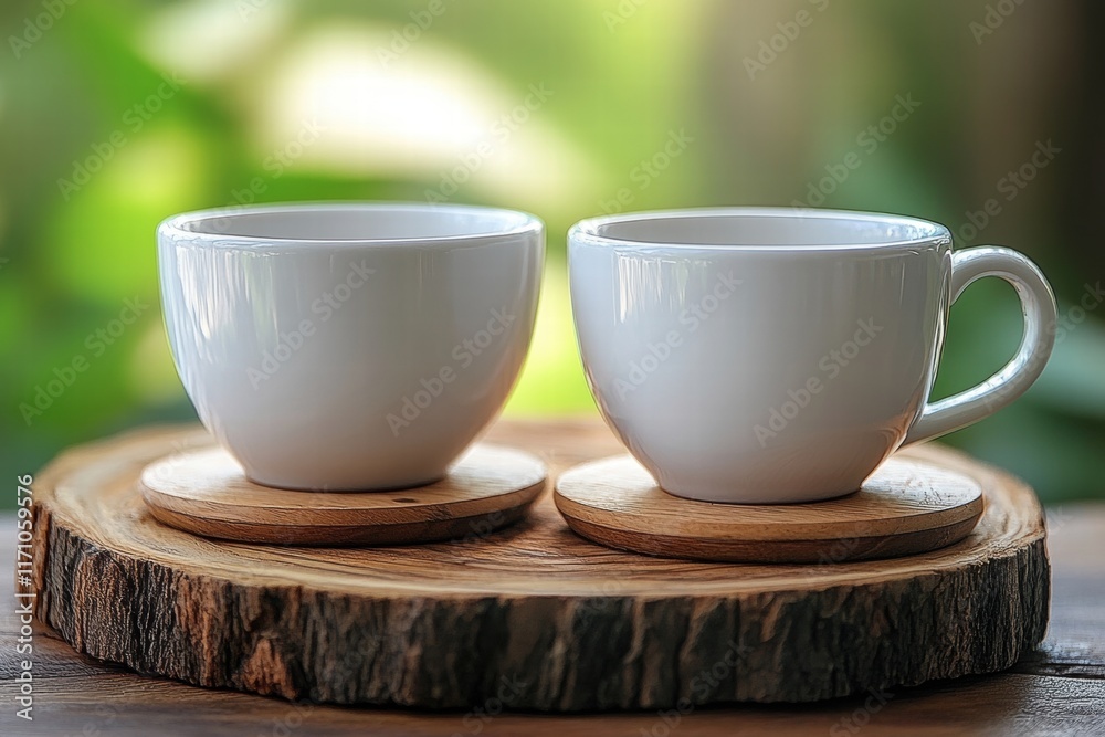 Two White Coffee Cups on Wooden Coasters Two White Coffee Cups on Wooden Coasters
