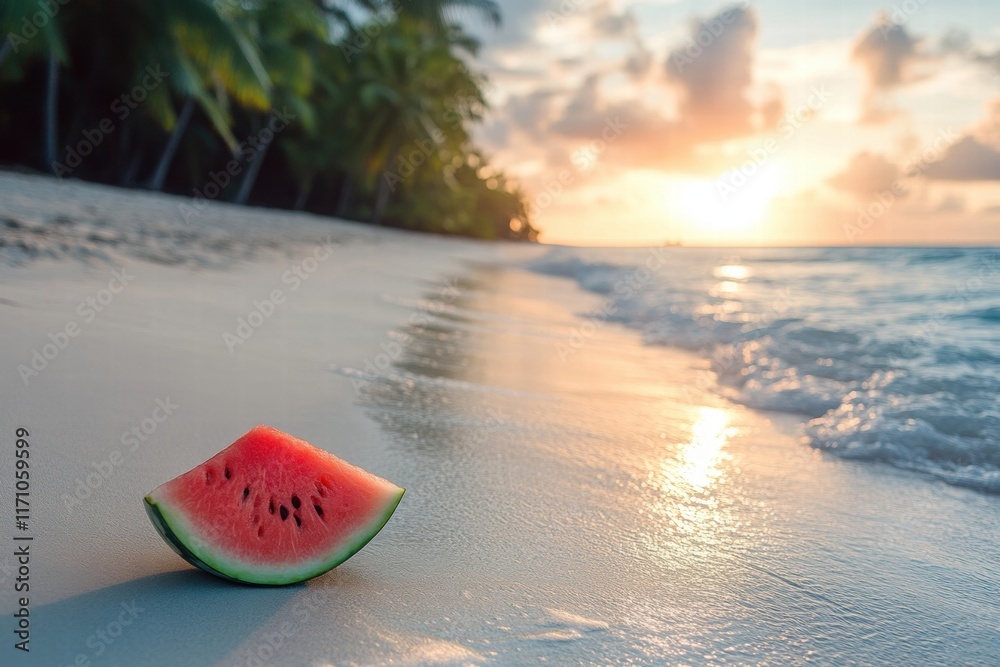 Watermelon Slice on Tropical Beach at Sunset Watermelon Slice on Tropical Beach at Sunset