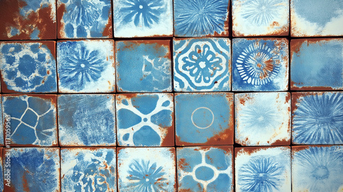 Decorative blue and white tiles showing rust and wear create vintage design