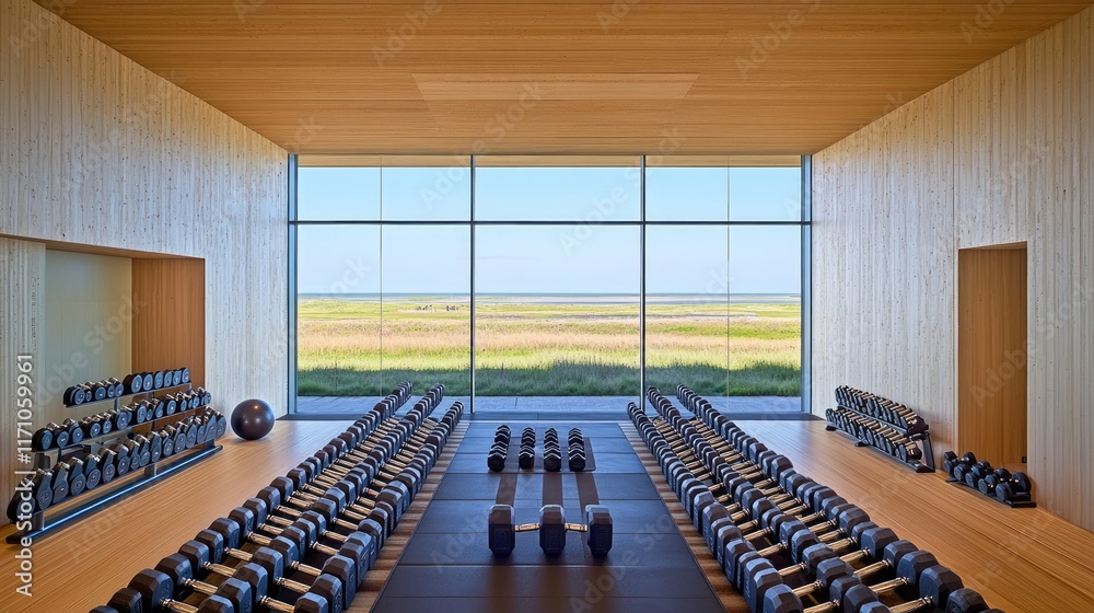 Naklejka premium A modern gym with dumbbells and a scenic view of nature outside.
