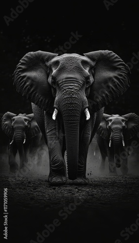 Fototapeta Naklejka Na Ścianę i Meble -  Elephant Family, Night Walk, African Wildlife, Monochromatic Photography, Majestic Animals