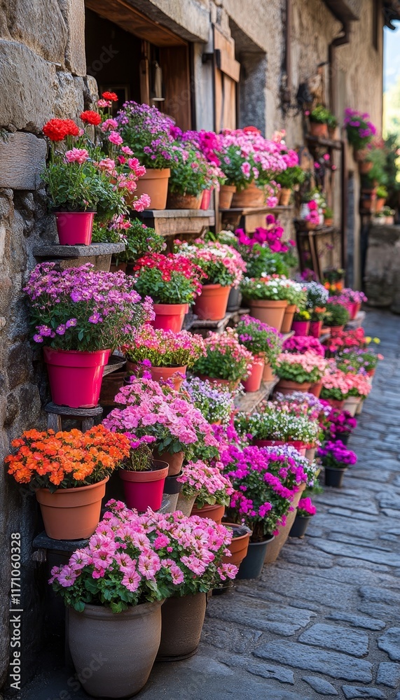 Naklejka premium Colorful Flower Shop, Blooming Facade with Vibrant Potted Plants, Rustic European Charm