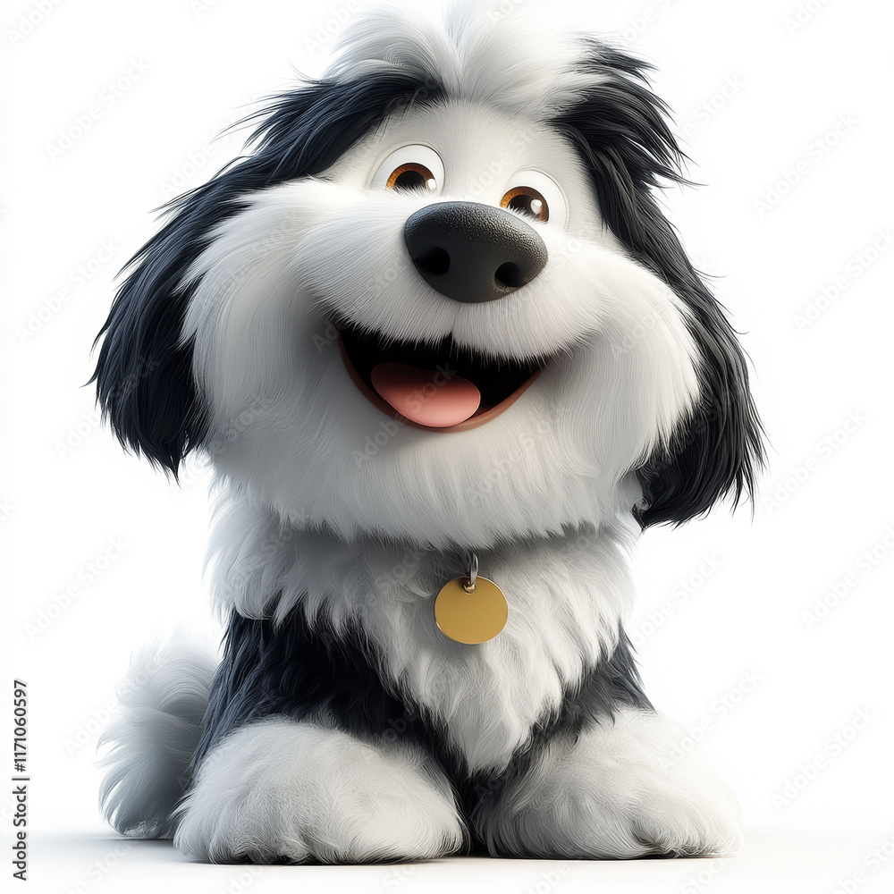 Happy Cartoon Dog With Black and White Fur Sitting Cheerfully Happy Cartoon Dog With Black and White Fur Sitting Cheerfully