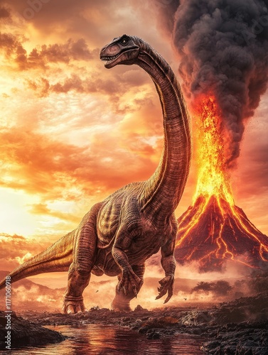 A dinosaur stands near a volcanic eruption, set against a dramatic sunset sky.