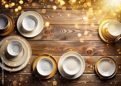 Overhead View: Golden & White Plates on Rustic Wooden Table