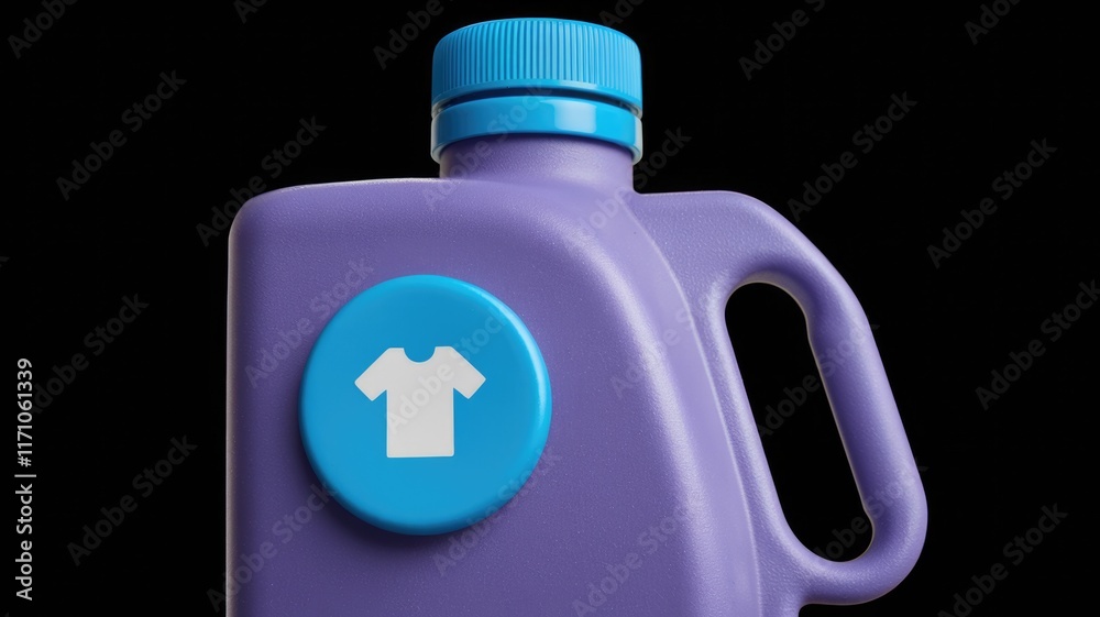 Purple laundry detergent bottle with a blue cap and a white t-shirt icon. Purple laundry detergent bottle with a blue cap and a white t-shirt icon.