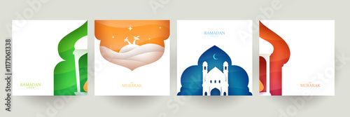 Ramadan kareem islamic beautiful design template. Minimal composition in paper cut style. Set holiday background for branding greeting card, banner, cover, flyer or poster. Vector illustration.