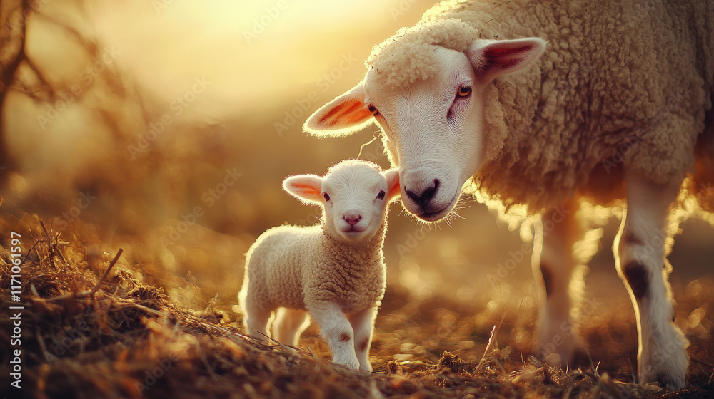 Obraz premium freshly born lamb standing beside its mother in warm, golden light, surrounded by hay. scene captures tender moment of maternal love and care
