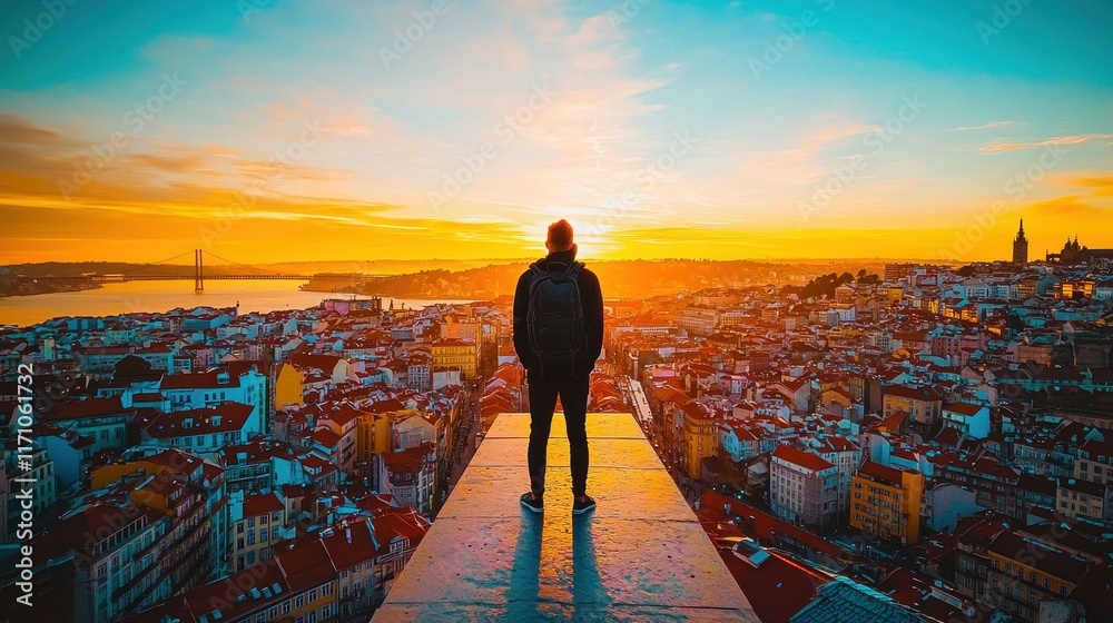 Fototapeta premium A person stands on a ledge overlooking a vibrant sunset over a cityscape.