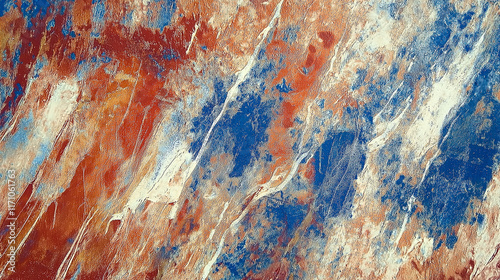 Abstract painting mixing blue, orange, and white colors creating dynamic visu...