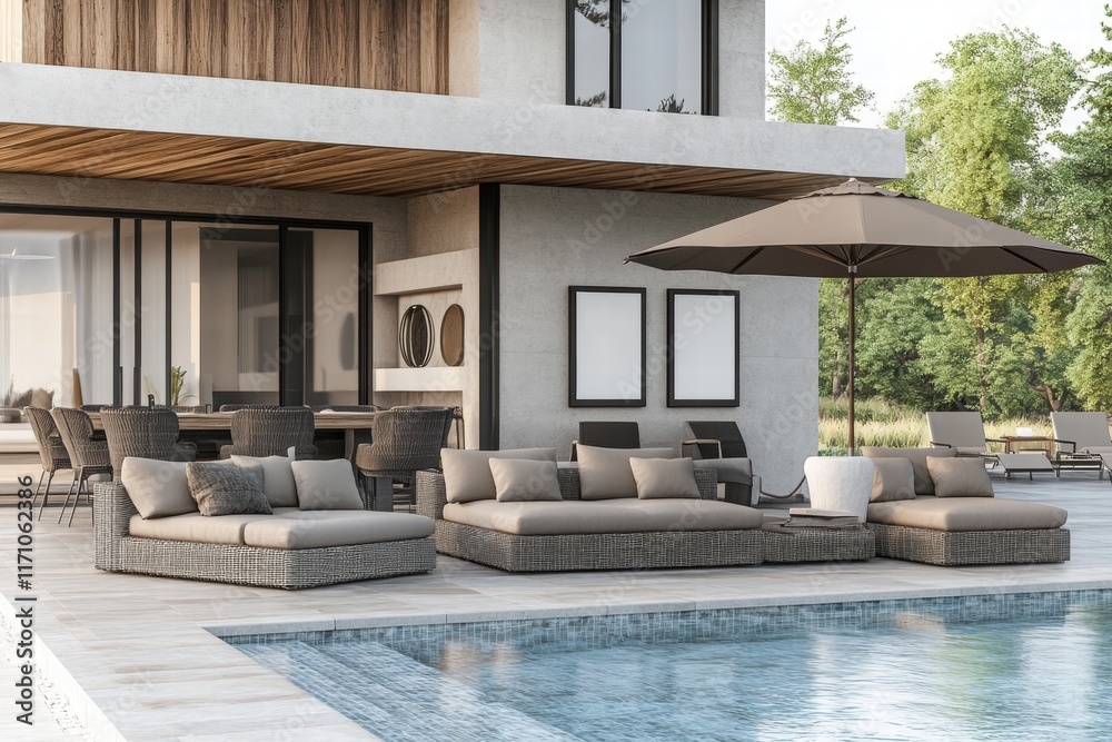 Fototapeta premium Modern Luxury Poolside Patio with Lounge Furniture