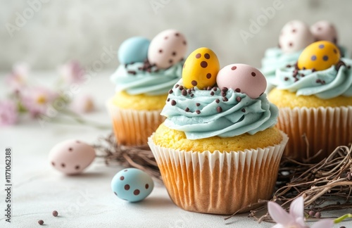 Colorful Easter Cupcakes with Chocolate Eggs and Spring Decorations photo