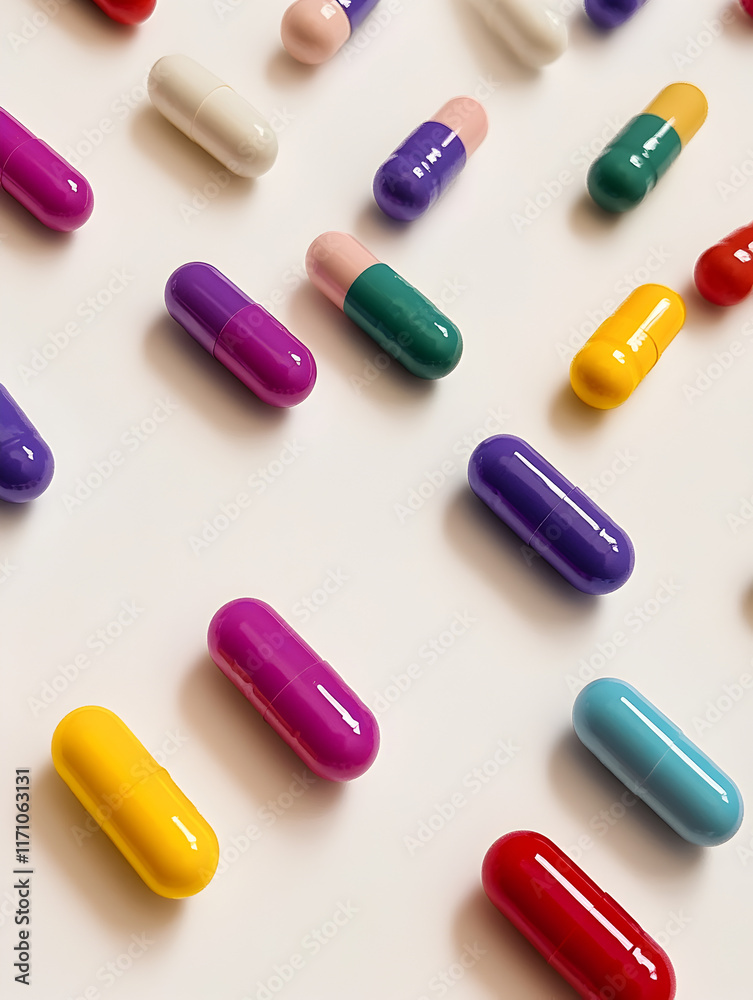 Close-up of colorful pills and capsules on a clean, white surface, symbolizing healthcare and pharmaceutical solutions Close-up of colorful pills and capsules on a clean, white surface, symbolizing healthcare and pharmaceutical solutions
