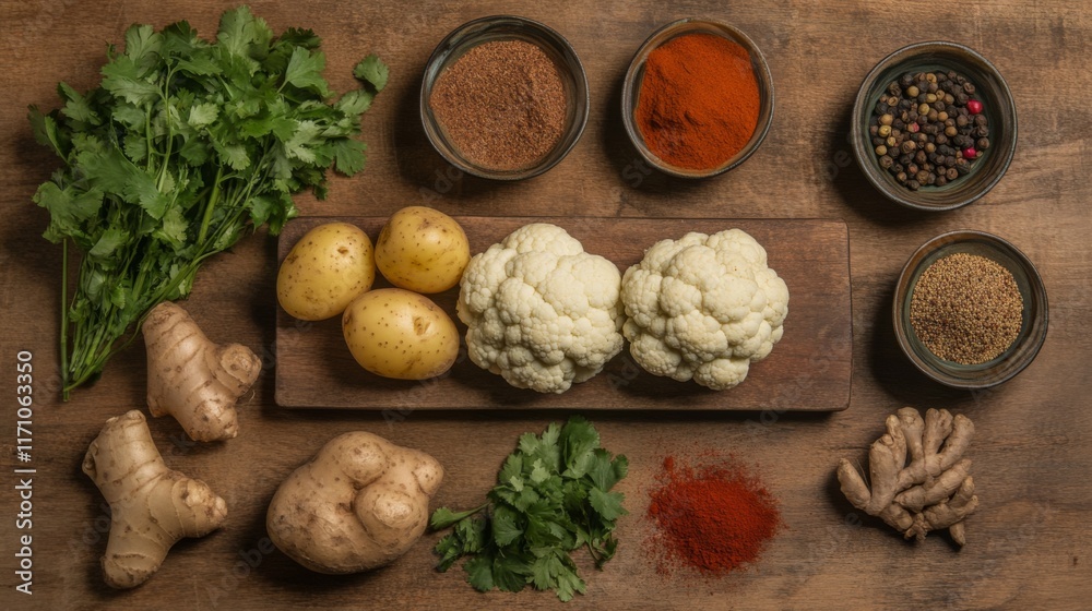 An artistic arrangement of the ingredients for aloo gobi, including potatoes, cauliflower, and a variety of spices, beautifully displayed on a rustic wooden board. An artistic arrangement of the ingredients for aloo gobi, including potatoes, cauliflower, and a variety of spices, beautifully displayed on a rustic wooden board.