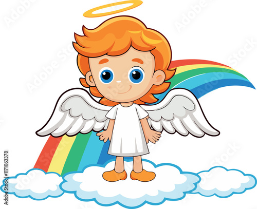Cute angel standing on clouds with rainbow and halo