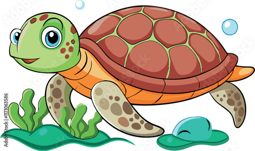 Cartoon sea turtle swimming underwater near seaweed and air bubbles