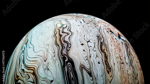 Soap bubble reflecting light and creating wavy colorful patterns on dark back...
