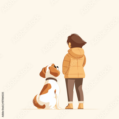 Illustration of person and dog with plain background.