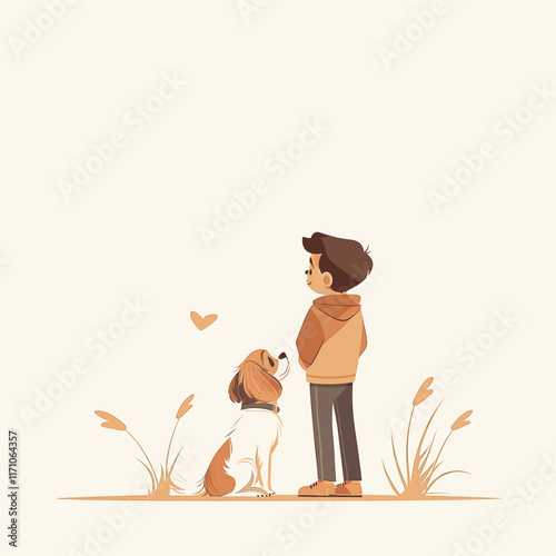 Illustration of person and dog with plain background.