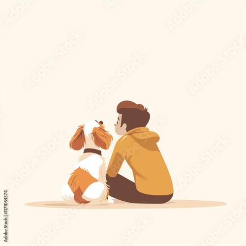 Illustration of person and dog with plain background.