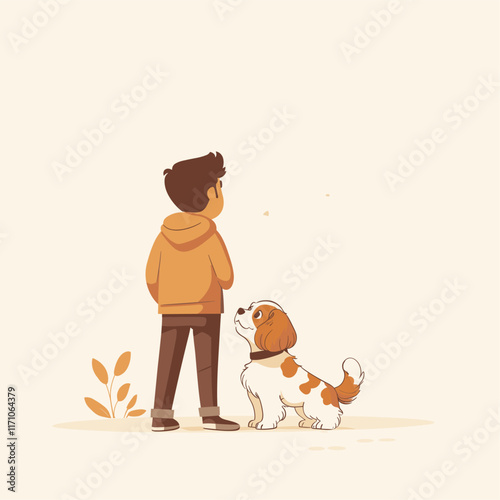 Illustration of person and dog with plain background.