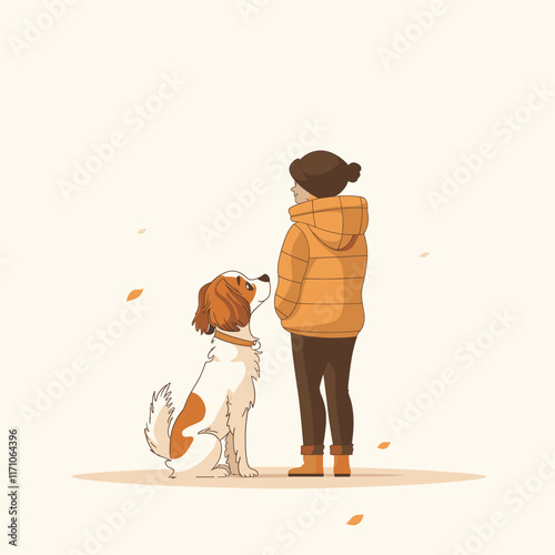 Illustration of person and dog with plain background.
