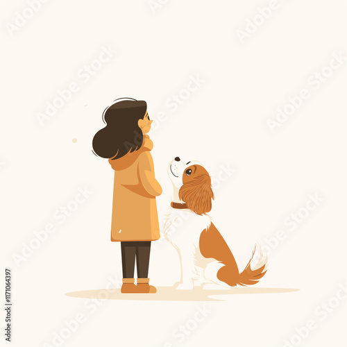 Illustration of person and dog with plain background.