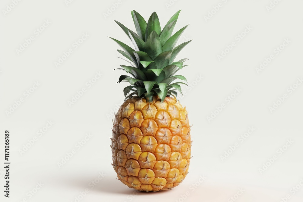 A single ripe pineapple with spiky leaves sits on a plain white background.