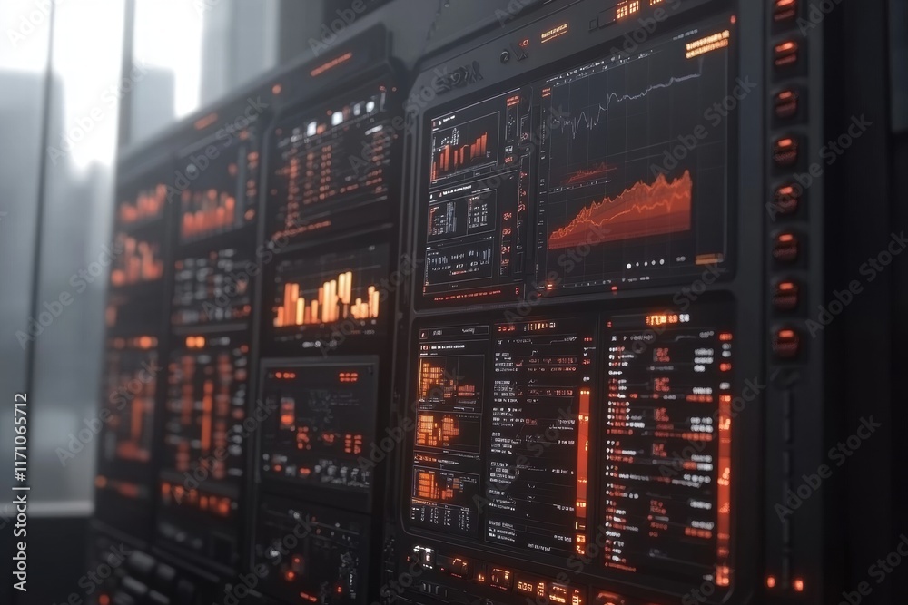Obraz premium Futuristic Data Center Control Panel with Orange Glowing Interfaces