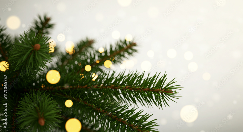 A close-up view of festive fir tree branches adorned with twinkling golden lights, surrounded by a soft bokeh effect, creating a warm and elegant holiday ambiance. background A close-up view of festive fir tree branches adorned with twinkling golden lights, surrounded by a soft bokeh effect, creating a warm and elegant holiday ambiance. background
