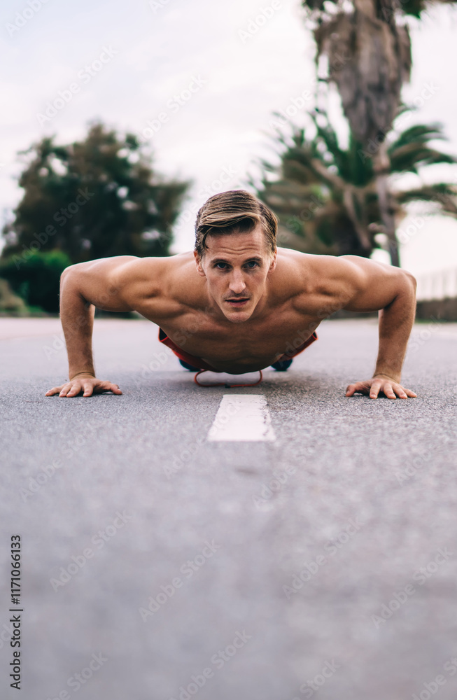 Obraz premium Determined Caucasian male training during morning pushing up enjoying activity and healthy lifestyle, shirtless sportsman practice plank exercises toning physical strength during cardio workout