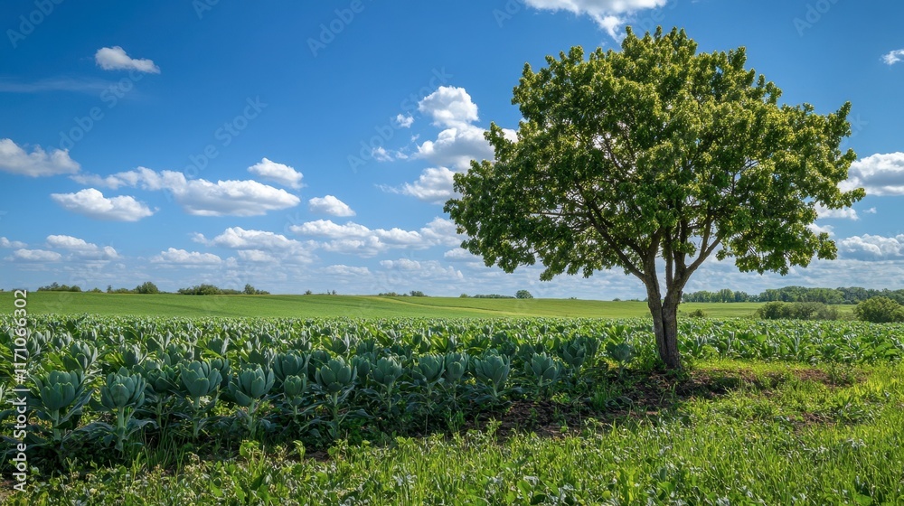 Lush Green Field with a Single Tree Under a Bright Sky Lush Green Field with a Single Tree Under a Bright Sky