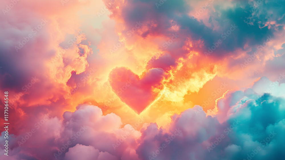Naklejka premium Pastelowe niebo, w którym chmury układają się w kształt serca, w ciepłych barwach różu i błękitu, symbolizujące miłość i Walentynkową atmosferę.
