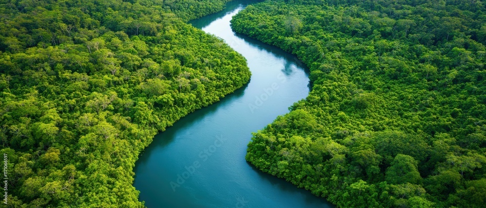 Exploring the serene river flowing through lush green forests aerial view in nature's embrace Exploring the serene river flowing through lush green forests aerial view in nature's embrace
