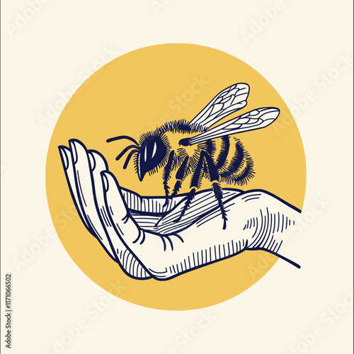 Stylized illustration of a hand and bee with radiating lines.